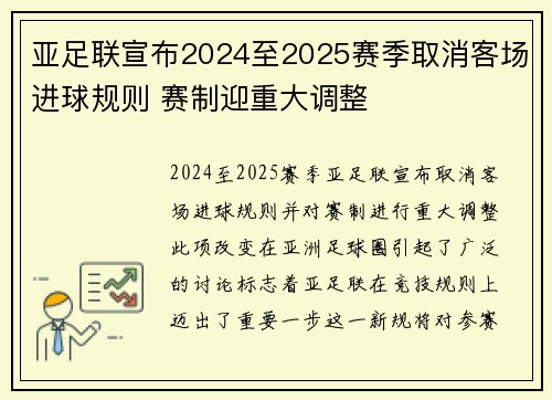 亚足联宣布2024至2025赛季取消客场进球规则 赛制迎重大调整